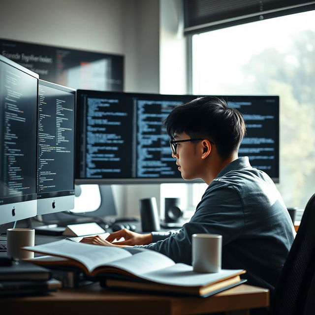 A scene in a modern office setting where a computer programmer is working intently on a computer