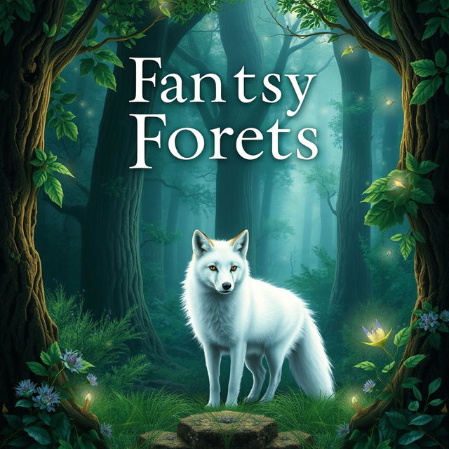 A fantasy book cover featuring a mystical forest, filled with lush greenery and towering trees, with ethereal light filtering through the leaves