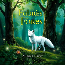 A fantasy book cover featuring a mystical forest, filled with lush greenery and towering trees, with ethereal light filtering through the leaves