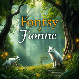 A fantasy book cover featuring a mystical forest, filled with lush greenery and towering trees, with ethereal light filtering through the leaves