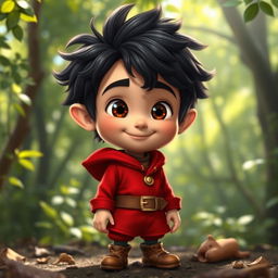 A short halfling boy with dark, fluffy hair, wearing a vibrant red outfit that showcases his playful and mischievous nature