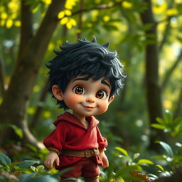 A short halfling boy with dark, fluffy hair, wearing a vibrant red outfit that showcases his playful and mischievous nature