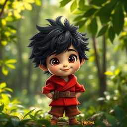 A short halfling boy with dark, fluffy hair, wearing a vibrant red outfit that showcases his playful and mischievous nature