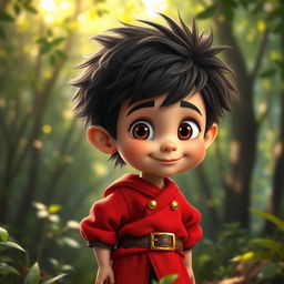 A short halfling boy with dark, fluffy hair, wearing a vibrant red outfit that showcases his playful and mischievous nature