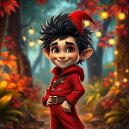 A short halfling man with dark, fluffy hair, dressed in a striking red outfit that conveys a sense of adventure and charisma