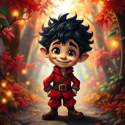 A short halfling man with dark, fluffy hair, dressed in a striking red outfit that conveys a sense of adventure and charisma