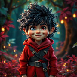 A short halfling man with dark, fluffy hair, dressed in a striking red outfit that conveys a sense of adventure and charisma