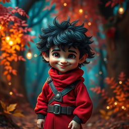 A short halfling man with dark, fluffy hair, dressed in a striking red outfit that conveys a sense of adventure and charisma