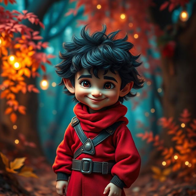 A short halfling man with dark, fluffy hair, dressed in a striking red outfit that conveys a sense of adventure and charisma