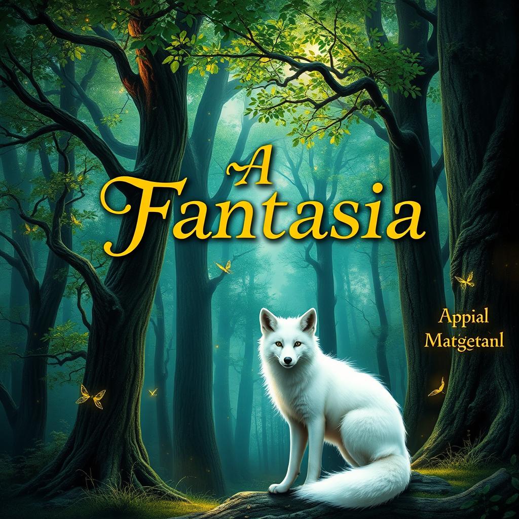 A fantasy book cover set in a mystical forest, featuring towering trees with luminous leaves and a magical ambiance