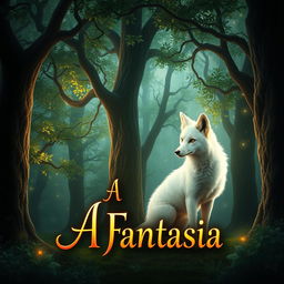 A fantasy book cover set in a mystical forest, featuring towering trees with luminous leaves and a magical ambiance