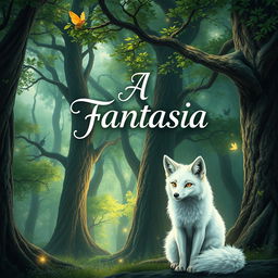 A fantasy book cover set in a mystical forest, featuring towering trees with luminous leaves and a magical ambiance