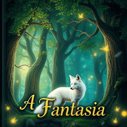 A fantasy book cover set in a mystical forest, featuring towering trees with luminous leaves and a magical ambiance