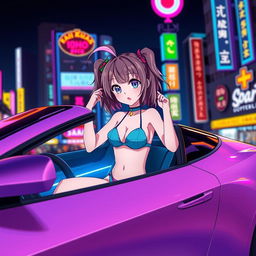 An anime-style girl in a bikini sitting in a sleek car illuminated by colorful neon lights