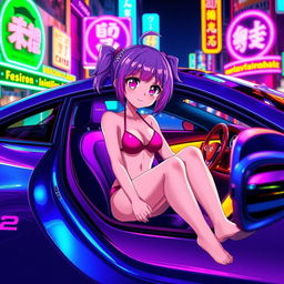 An anime-style girl in a bikini sitting in a sleek car illuminated by colorful neon lights