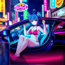 An anime-style girl in a bikini sitting in a sleek car illuminated by colorful neon lights