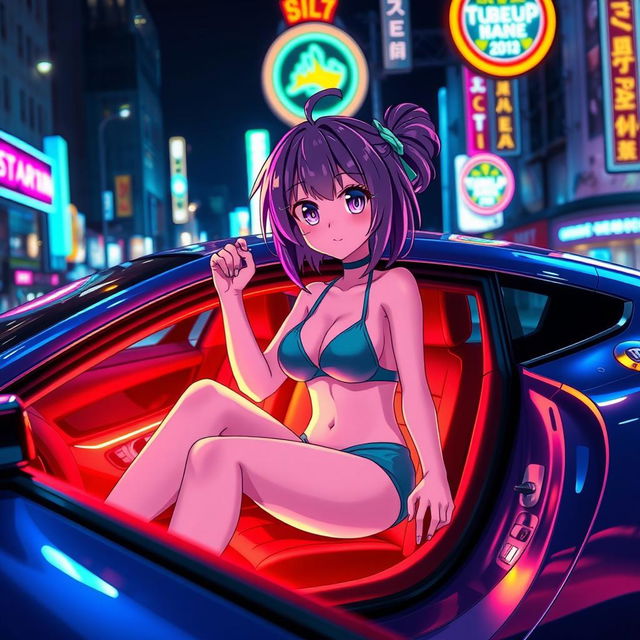 An anime-style girl in a bikini sitting in a sleek car illuminated by colorful neon lights