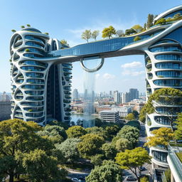 Futuristic bionic design of high-rise buildings, featuring facades embellished with elegant flowing lines and balconies adorned with thriving trees