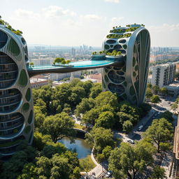 Futuristic bionic design of high-rise buildings, featuring facades embellished with elegant flowing lines and balconies adorned with thriving trees