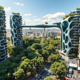 Futuristic bionic design of high-rise buildings, featuring facades embellished with elegant flowing lines and balconies adorned with thriving trees