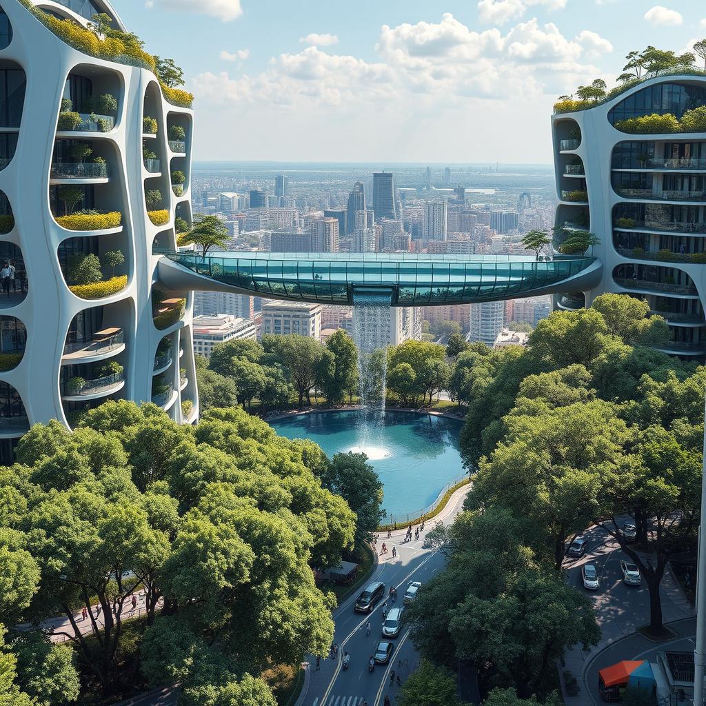 Futuristic bionic design of high-rise buildings, featuring facades embellished with elegant flowing lines and balconies adorned with thriving trees