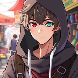 A teenage human male merchant guild leader with casual attire, showcasing heterochromia with one striking red eye and the other a mint green eye