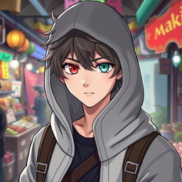 A teenage human male merchant guild leader with casual attire, showcasing heterochromia with one striking red eye and the other a mint green eye