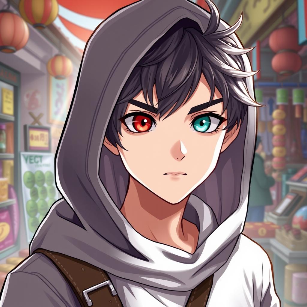 A teenage human male merchant guild leader with casual attire, showcasing heterochromia with one striking red eye and the other a mint green eye