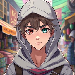 A teenage human male merchant guild leader with casual attire, showcasing heterochromia with one striking red eye and the other a mint green eye