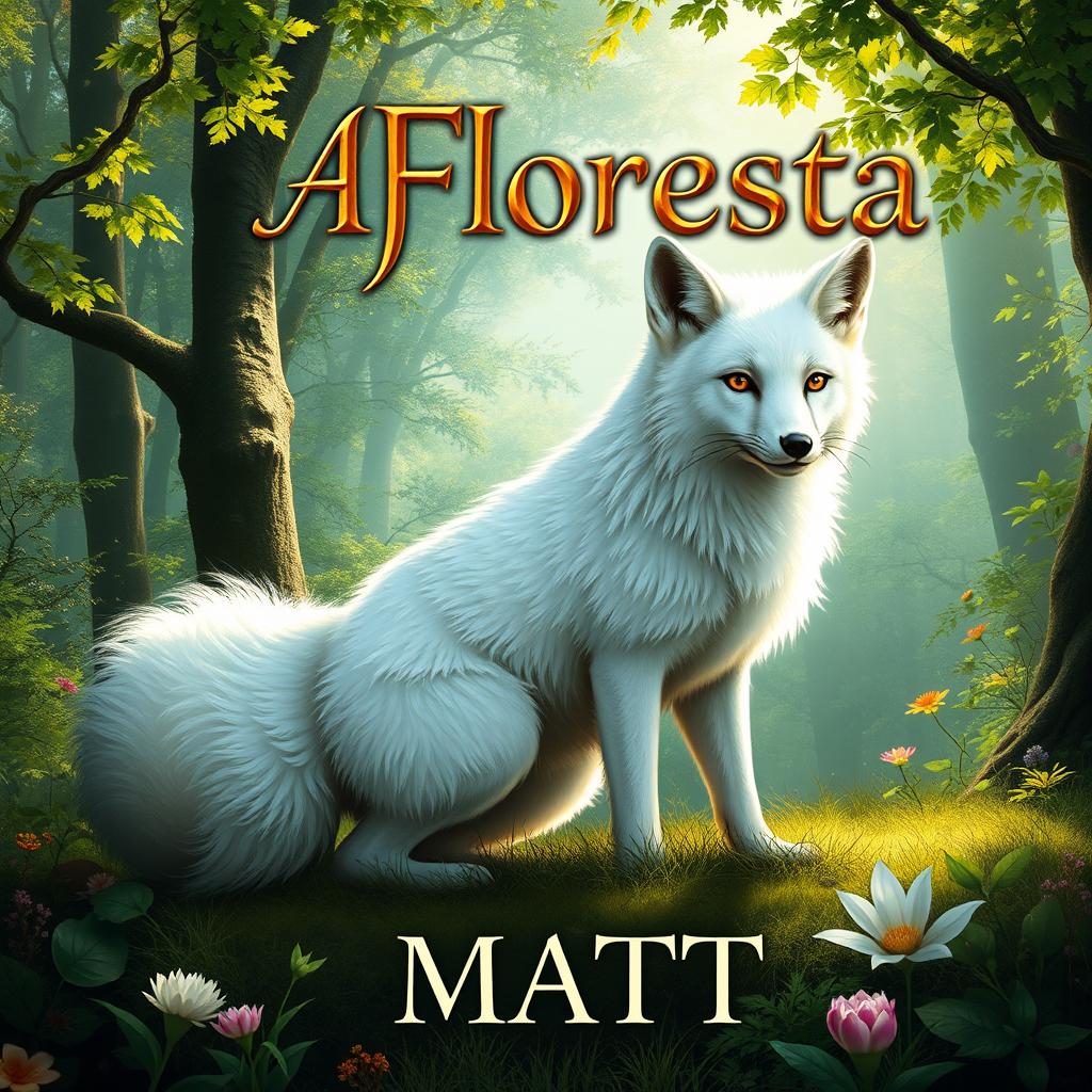 A fantasy book cover featuring a majestic white fox, elegantly posed in a vibrant forest reminiscent of Jackson's works, filled with lush greenery, dappled sunlight, and whimsical flora