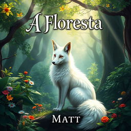 A fantasy book cover featuring a majestic white fox, elegantly posed in a vibrant forest reminiscent of Jackson's works, filled with lush greenery, dappled sunlight, and whimsical flora