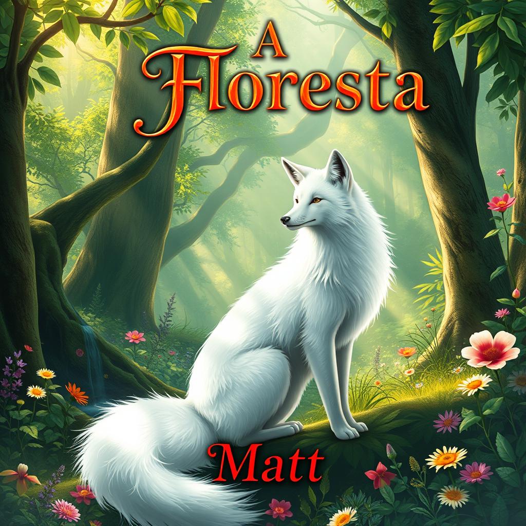 A fantasy book cover featuring a majestic white fox, elegantly posed in a vibrant forest reminiscent of Jackson's works, filled with lush greenery, dappled sunlight, and whimsical flora