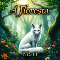 A fantasy book cover featuring a majestic white fox, elegantly posed in a vibrant forest reminiscent of Jackson's works, filled with lush greenery, dappled sunlight, and whimsical flora