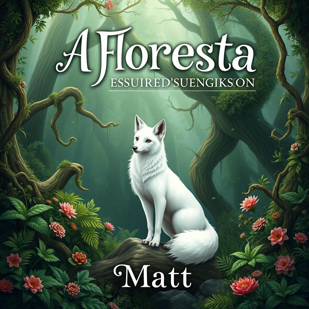 A fantasy book cover featuring a beautiful white fox standing gracefully amidst a lush forest inspired by Jackson's style, with intricate greenery and enchanting details