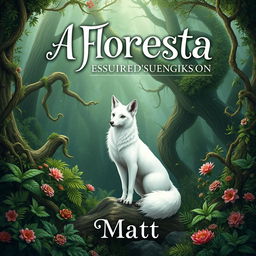 A fantasy book cover featuring a beautiful white fox standing gracefully amidst a lush forest inspired by Jackson's style, with intricate greenery and enchanting details