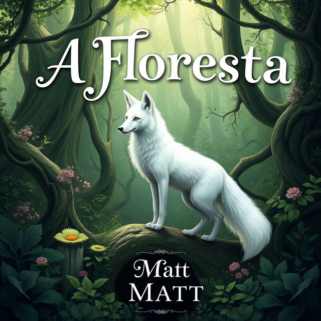 A fantasy book cover featuring a beautiful white fox standing gracefully amidst a lush forest inspired by Jackson's style, with intricate greenery and enchanting details