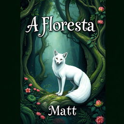 A fantasy book cover featuring a beautiful white fox standing gracefully amidst a lush forest inspired by Jackson's style, with intricate greenery and enchanting details