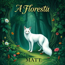 A fantasy book cover featuring a beautiful white fox standing gracefully amidst a lush forest inspired by Jackson's style, with intricate greenery and enchanting details