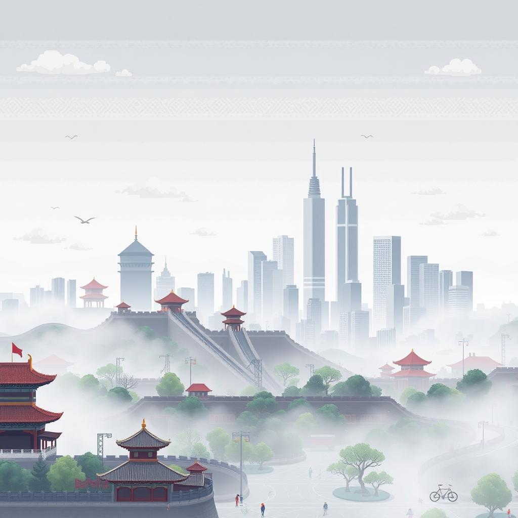 A pixel art depiction of Beijing, China, showcasing the city's skyline amidst visible air pollution