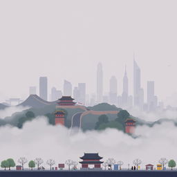 A pixel art depiction of Beijing, China, showcasing the city's skyline amidst visible air pollution