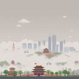 A pixel art depiction of Beijing, China, showcasing the city's skyline amidst visible air pollution