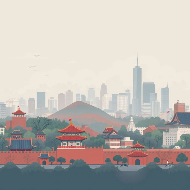 A pixel art depiction of Beijing, China, showcasing the city's skyline amidst visible air pollution