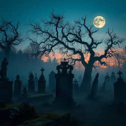 An eerie and atmospheric cemetery at dusk, filled with ancient gravestones covered in moss, intricate sculptures, and twisted gnarled trees silhouetted against a twilight sky