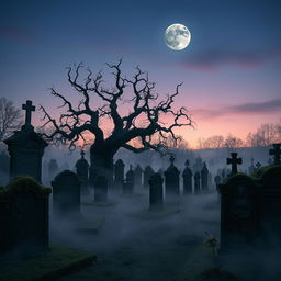 An eerie and atmospheric cemetery at dusk, filled with ancient gravestones covered in moss, intricate sculptures, and twisted gnarled trees silhouetted against a twilight sky