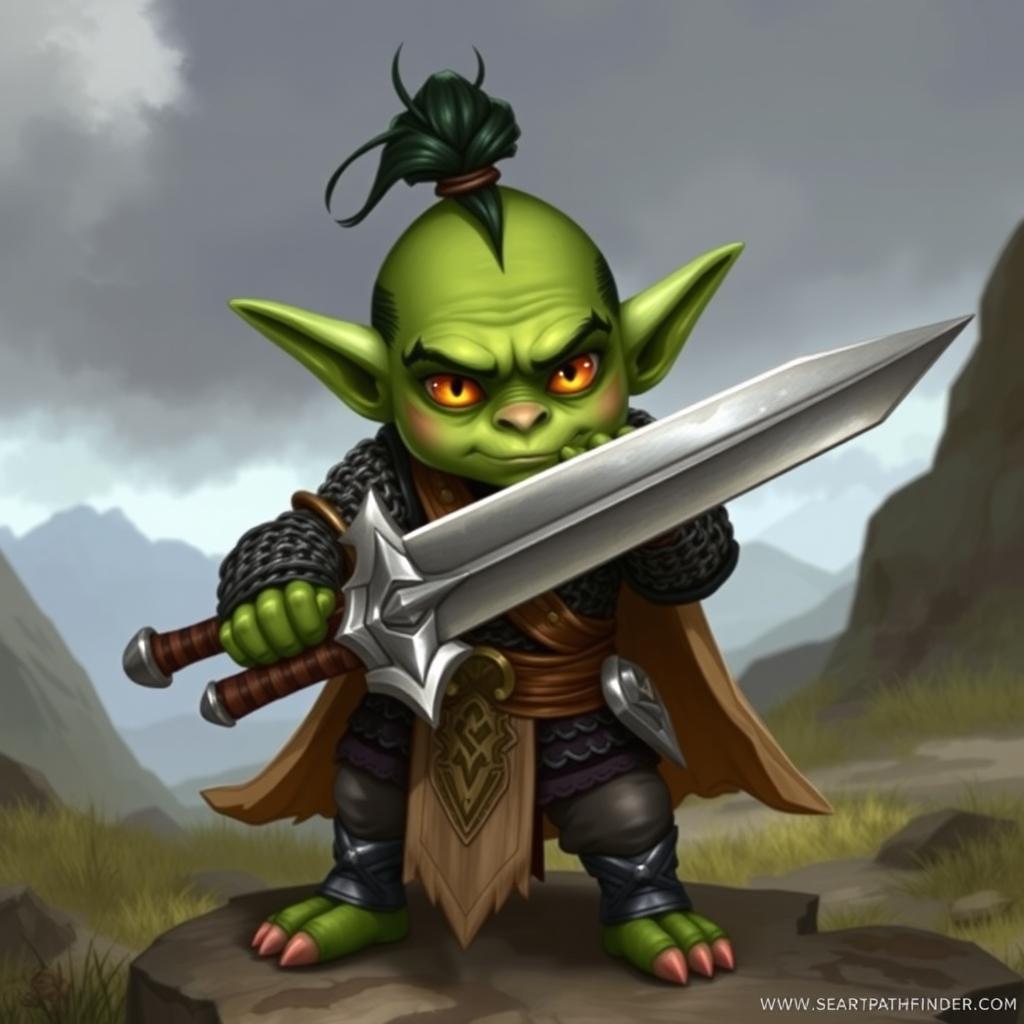 A goblin paladin from Golarion in the Pathfinder universe, depicted as a Blessed Warrior