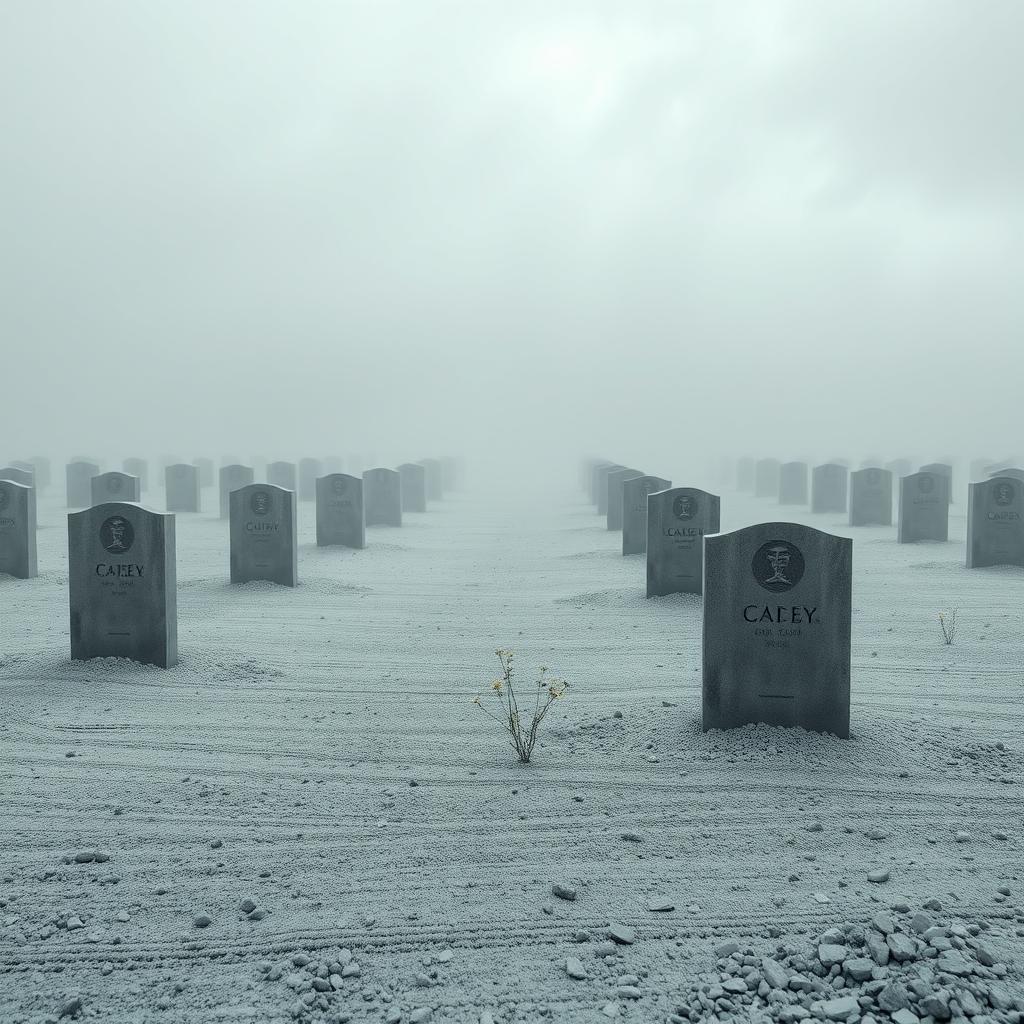 A serene and somber cemetery made of ashes and stone, devoid of trees