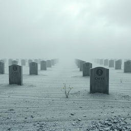 A serene and somber cemetery made of ashes and stone, devoid of trees