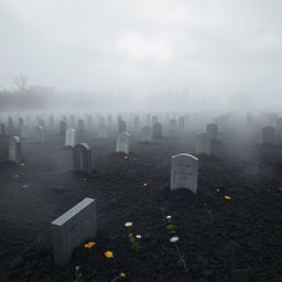 A serene and somber cemetery made of ashes and stone, devoid of trees