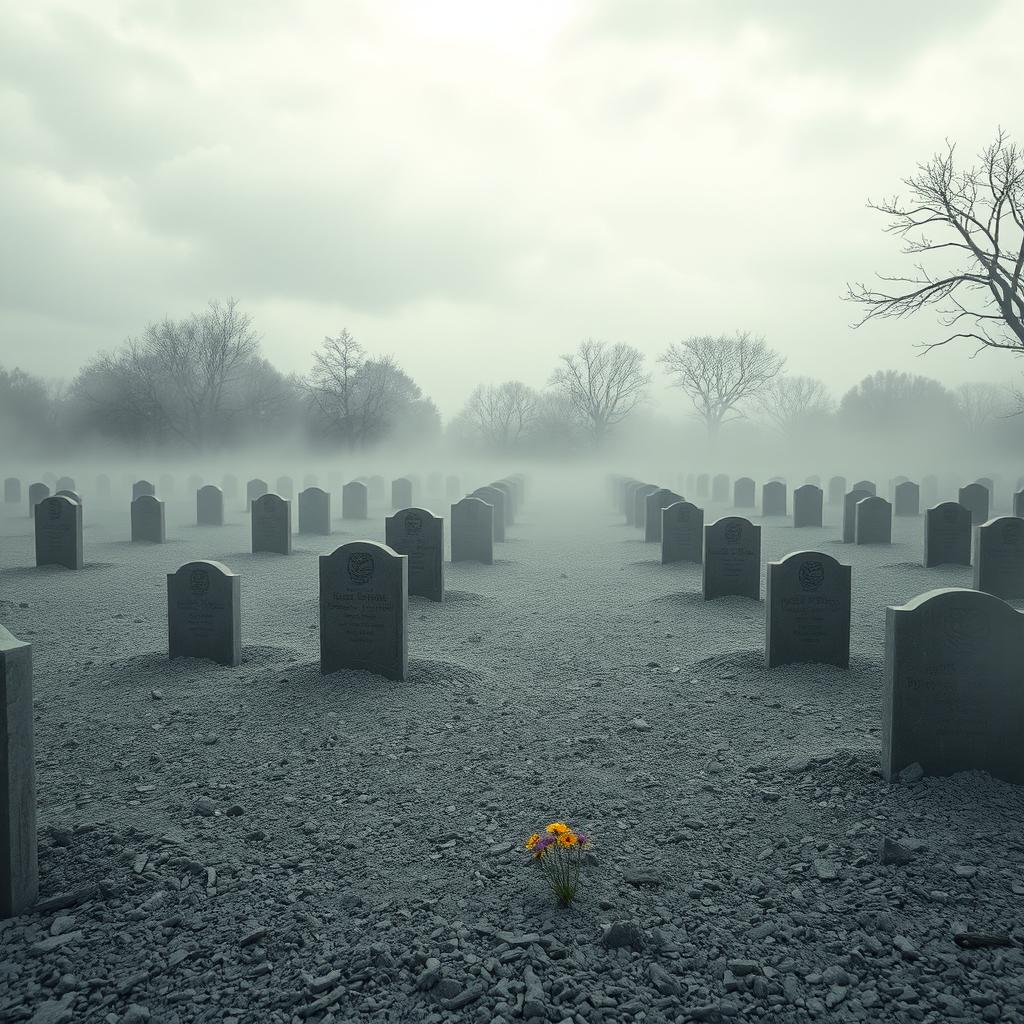 A serene and somber cemetery made of ashes and stone, devoid of trees