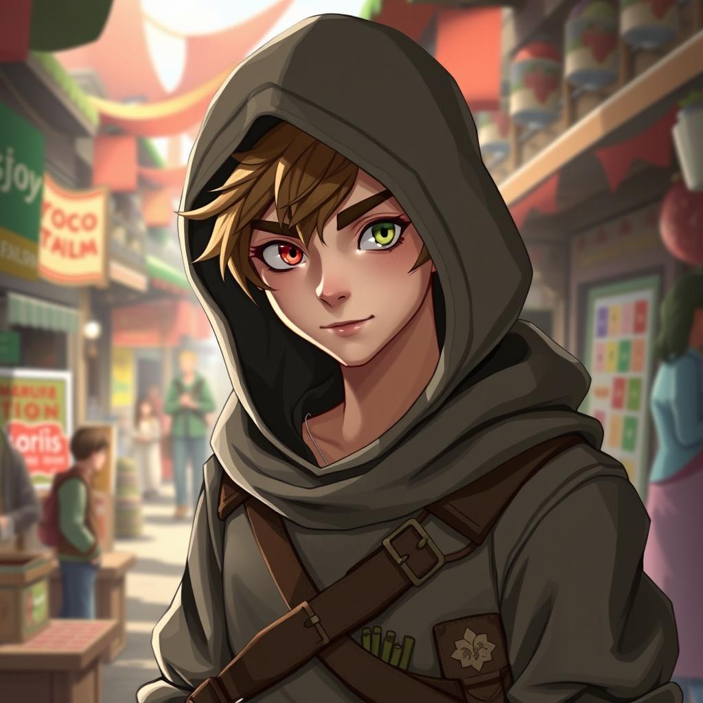 A teenage half-elf male merchant guild leader dressed in casual yet stylish rogue attire, showcasing heterochromia with one vibrant red eye and the other a soft mint green eye